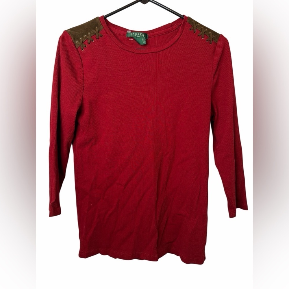 Ralph Lauren Red Ribbed Faux Suede Detail 3/4 Sleeve Shirt Top